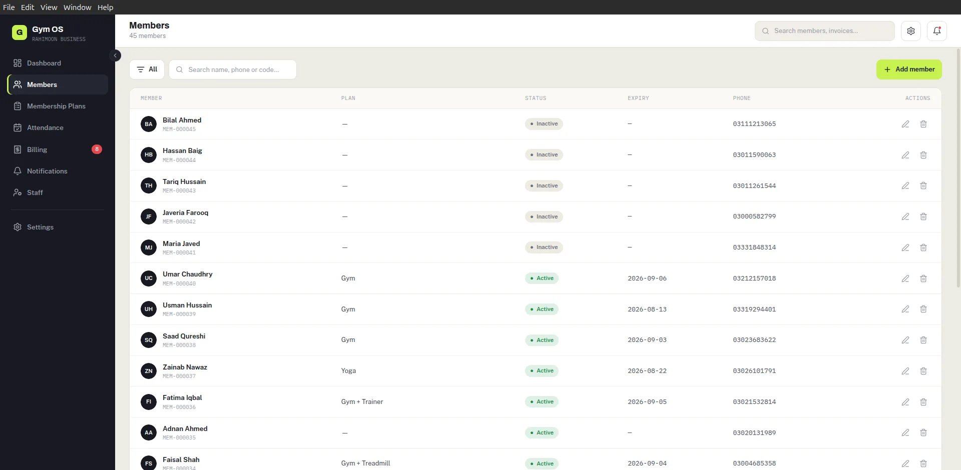 Gym Management System — Members — the roster with plan, status, expiry and contact