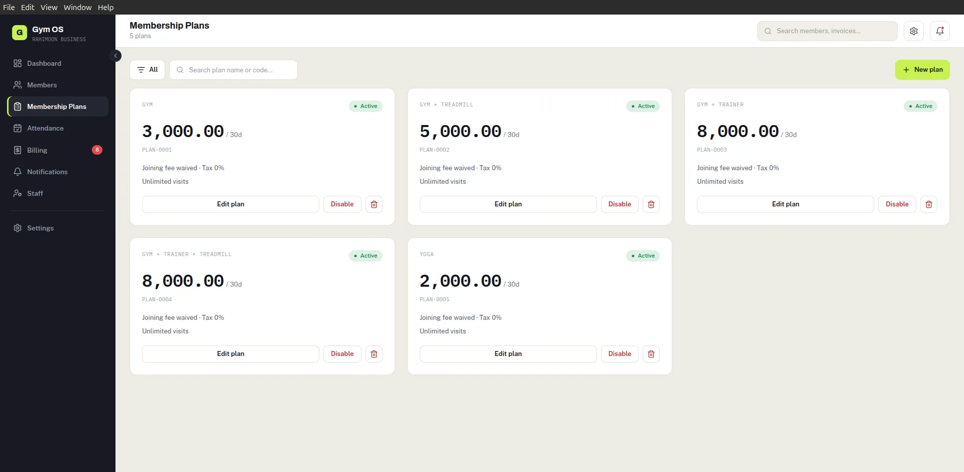 Gym Management System — Membership plans — pricing, duration and joining fees