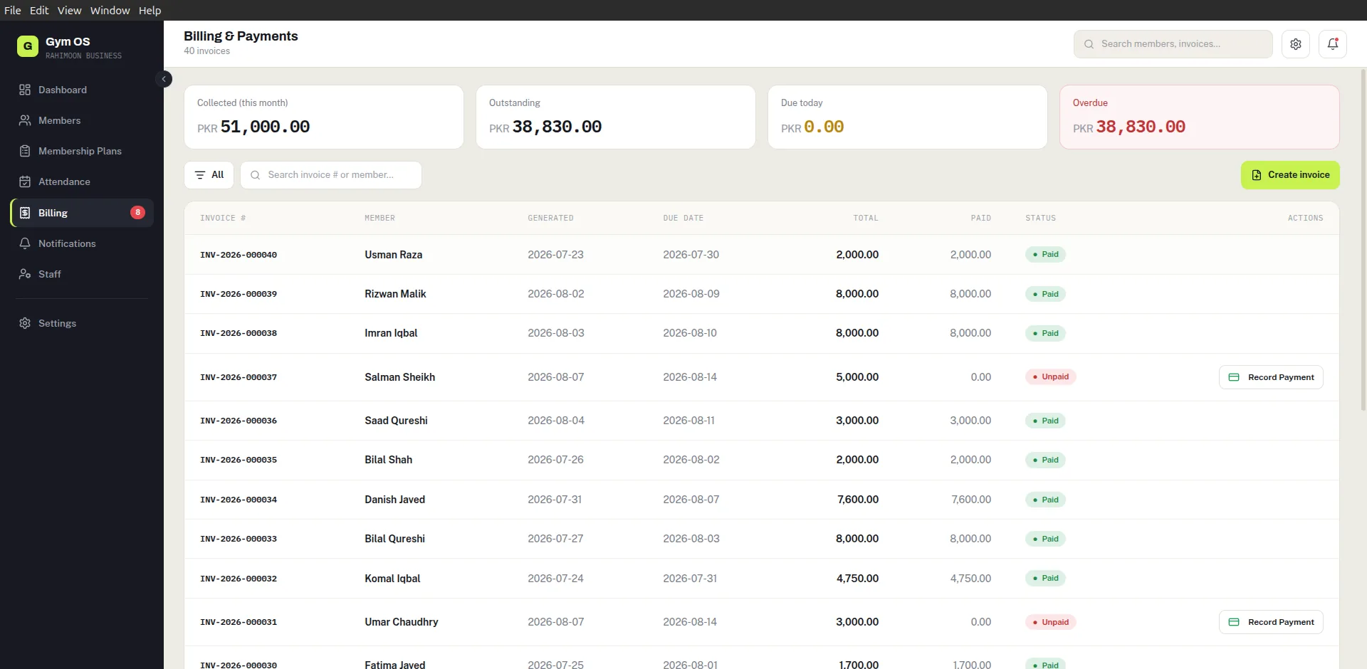 Gym Management System — Billing — invoices, recorded payments, outstanding and overdue totals