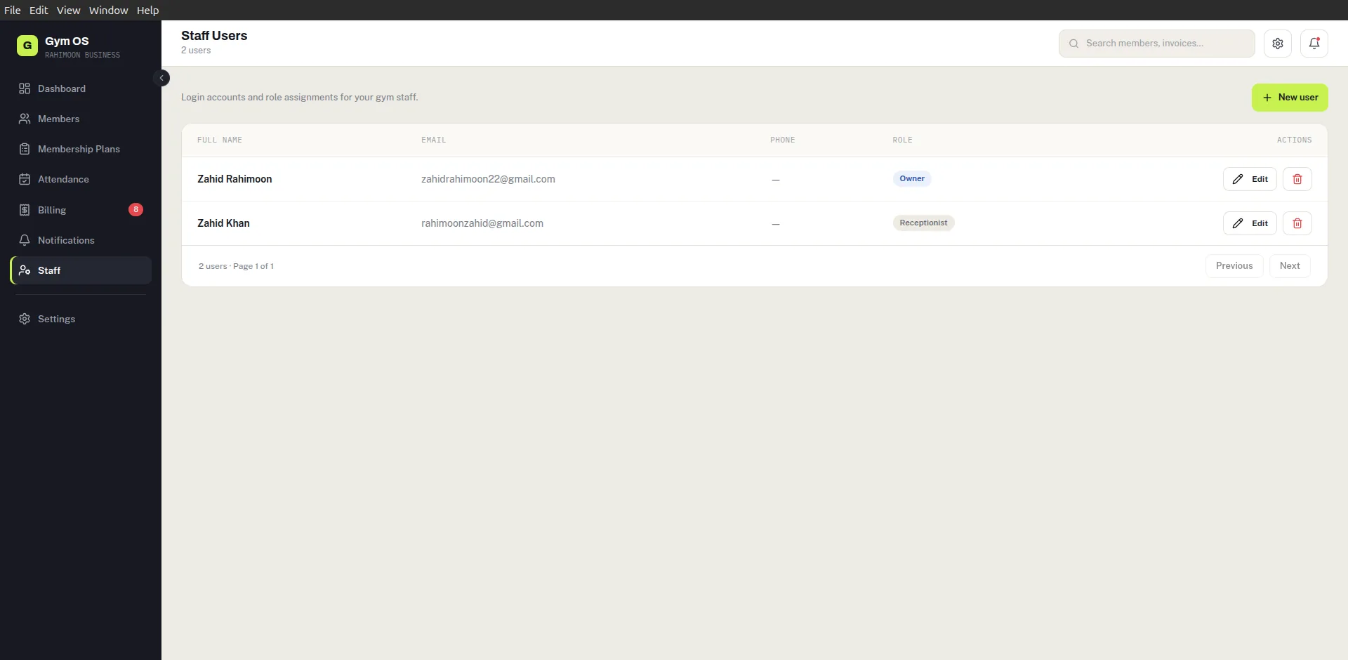 Gym Management System — Staff — login accounts and role assignments