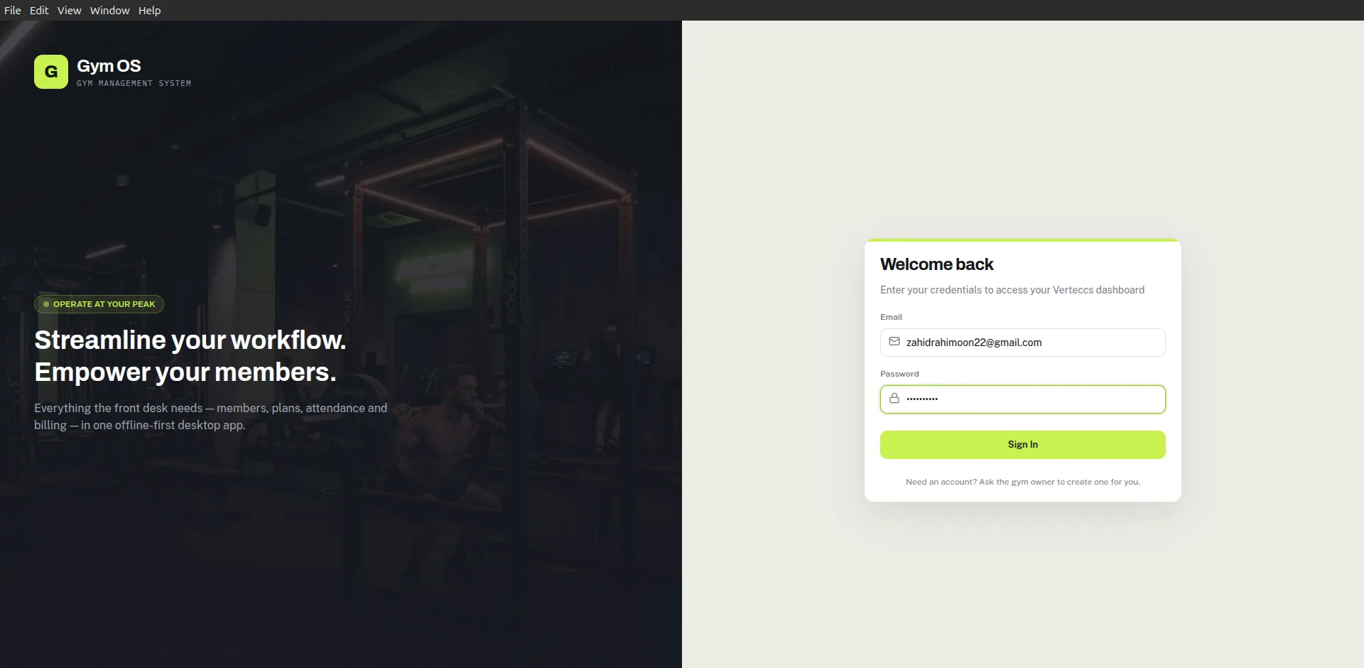 Gym Management System — Sign in — the front-desk entry point